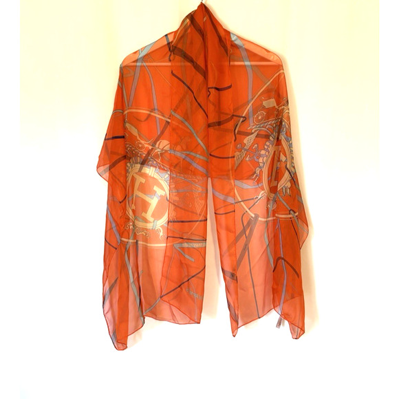 HERMES Scarf Orange Silk Rectangular Horse Carriage Equestarian - Picture 1 of 16